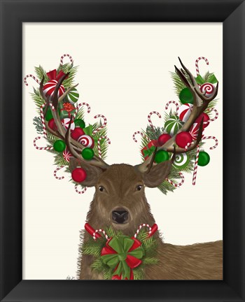 Framed Deer, Candy Cane Wreath Print