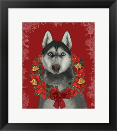 Framed Husky and Poinsettia Wreath Print