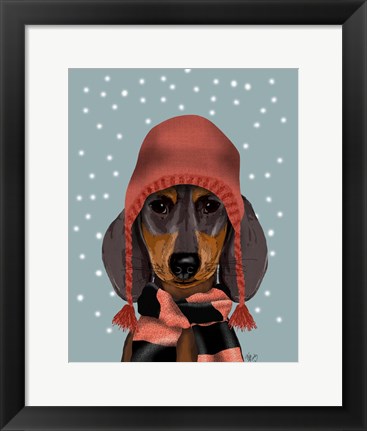 Framed Dachshund With Woolly Hat &amp; Scarf Print