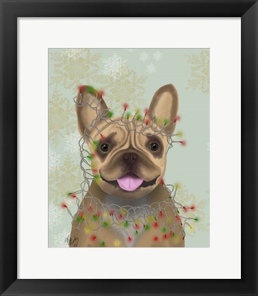 Framed French Bulldog, Christmas Lights 1 Print