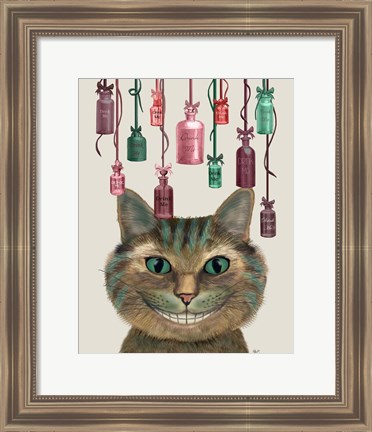 Framed Cheshire Cat and Bottles Print