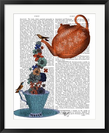 Framed Teapot, Cup and Flowers, Orange and Blue Print