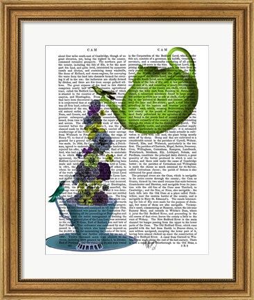 Framed Teapot, Cup and Flowers, Green and Blue Print