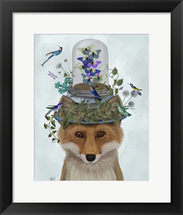 Framed Fox with Butterfly Bell Jar Print