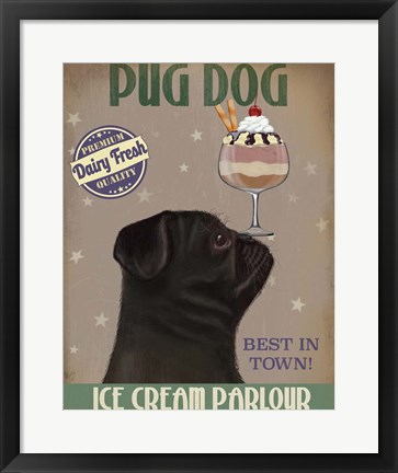 Framed Pug, Black, Ice Cream Print