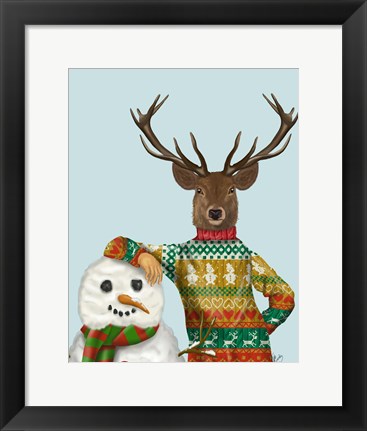 Framed Deer in Christmas Sweater with Snowman Print