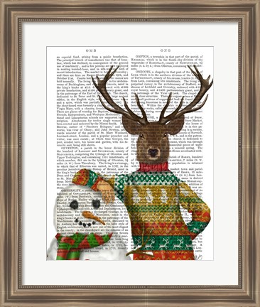 Framed Deer in Christmas Sweater with Snowman Print