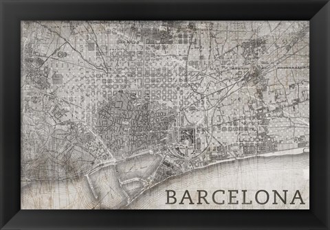 Framed Map Barcelona Beige Print