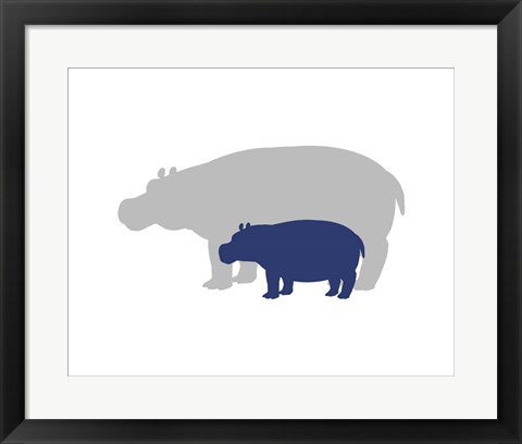 Framed Silhouette Hippo and Calf Navy Print