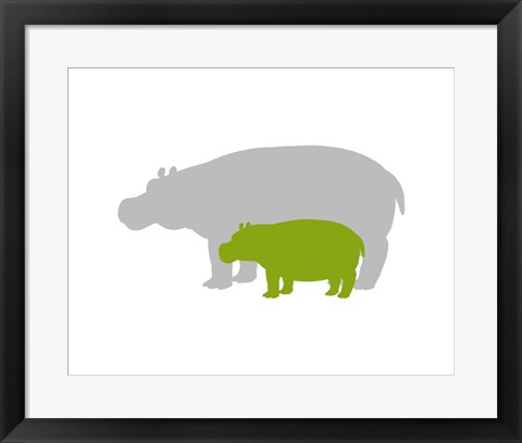 Framed Silhouette Hippo and Calf Green Print