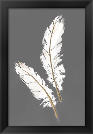 Framed Gold Feathers I on Grey Print