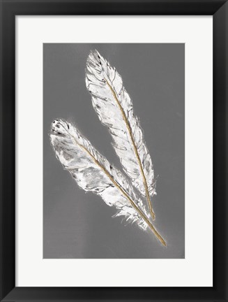 Framed Gold Feathers III on Grey Print