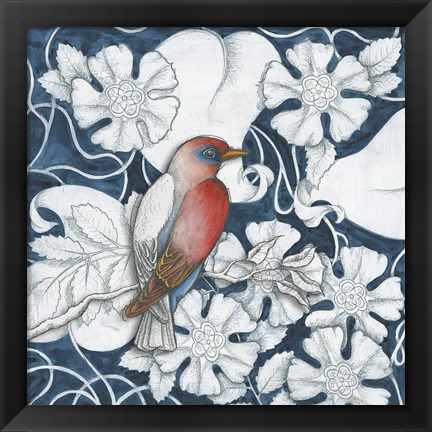 Framed Arts and Crafts Bird Indigo I Print