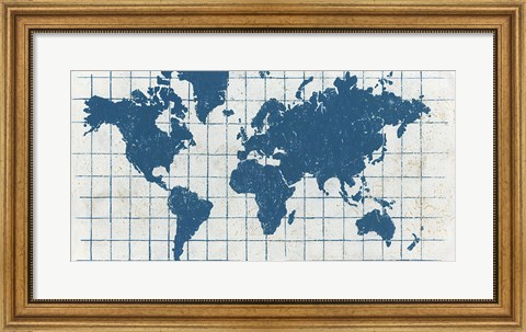 Framed Indigo Gild World Map I Print