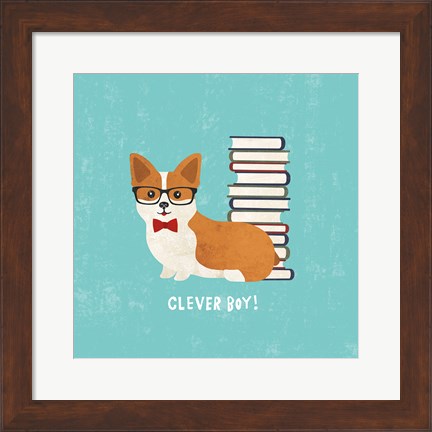 Framed Good Dogs Corgi Teal Print