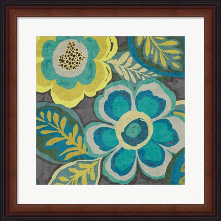 Framed Floral Assortment Teal on Dark Grey Crop III Print