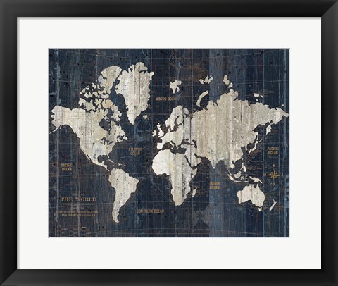 Framed Old World Map Blue v2 Print