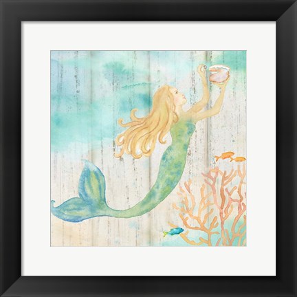 Framed Sea Splash Mermaid Woodgrain I Print