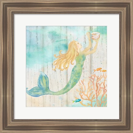 Framed Sea Splash Mermaid Woodgrain I Print