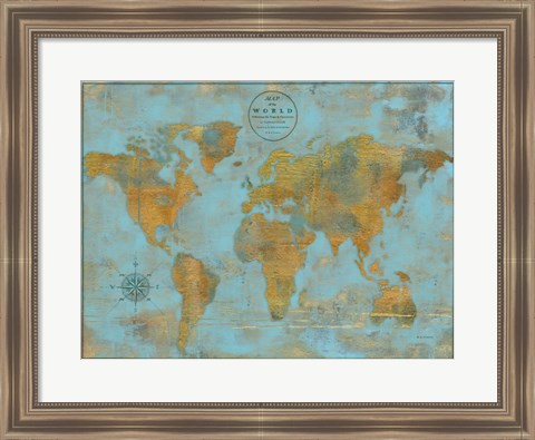 Framed Rustic World Map Sky Blue Print