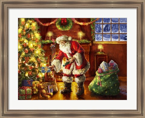 Framed Santa putting gifts under tree Print