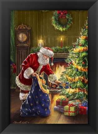 Framed Santa at Tree Blue Sack Print