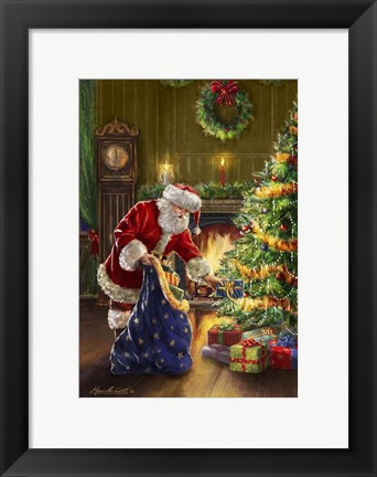 Framed Santa at Tree Blue Sack Print