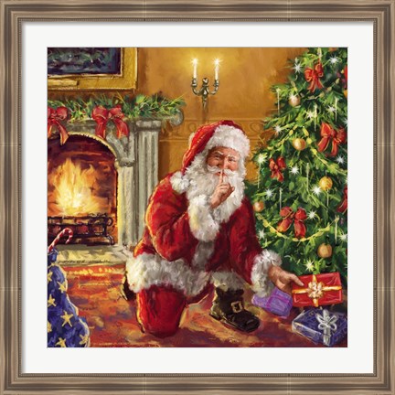 Framed Santa at tree with present Print