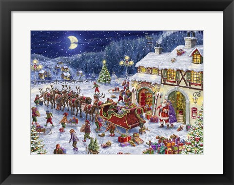 Framed Santa Sleigh and big moon Print