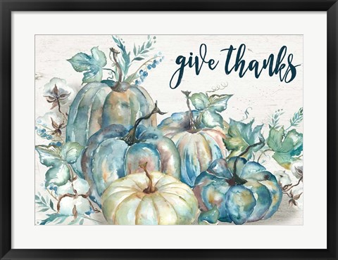 Framed Blue Watercolor Harvest Pumpkin Landscape Give Thanks Print