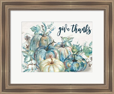 Framed Blue Watercolor Harvest Pumpkin Landscape Give Thanks Print