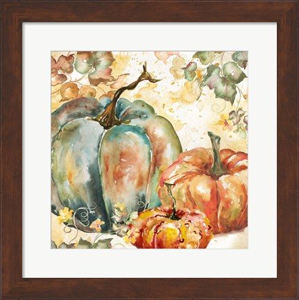 Framed Watercolor Harvest Teal and Orange Pumpkins I Print