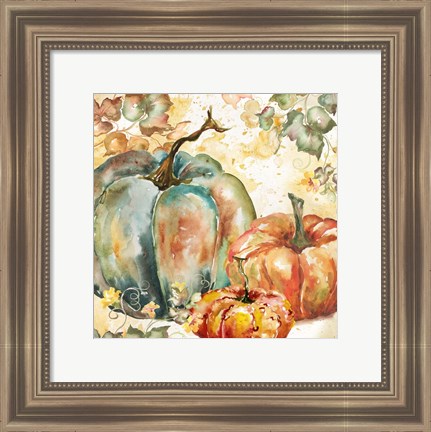 Framed Watercolor Harvest Teal and Orange Pumpkins I Print