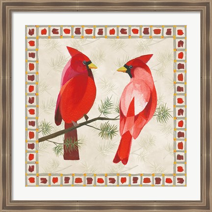 Framed Festive Birds Two Cardinals Print