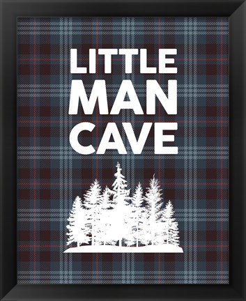 Framed Little Man Cave - Trees Blue Plaid Background Print