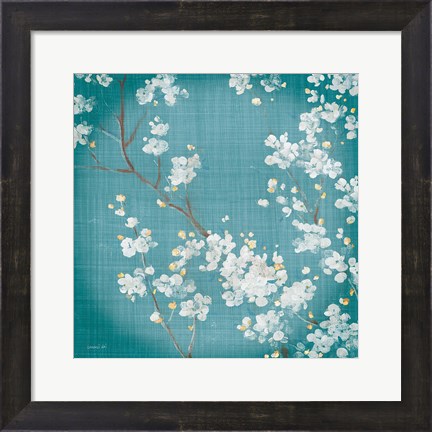 Framed White Cherry Blossoms II on Teal Aged no Bird Print