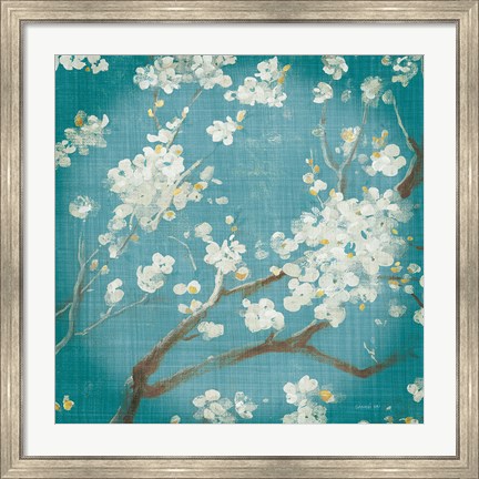 Framed White Cherry Blossoms I on Teal Aged no Bird Print