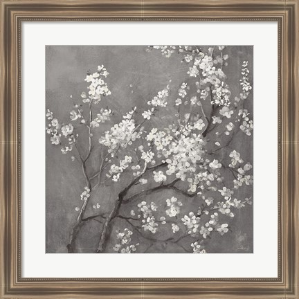 Framed White Cherry Blossoms I on Grey Crop Print