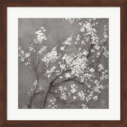 Framed White Cherry Blossoms I on Grey Crop Print