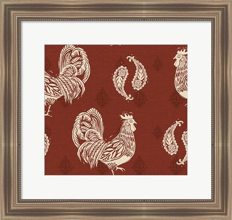 Framed Woodcut Rooster Patterns Print