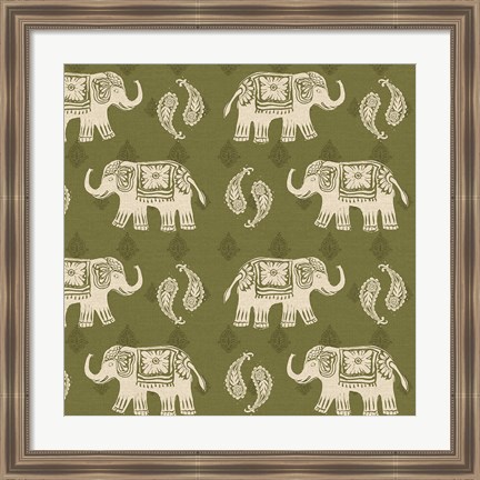 Framed Woodcut Elephant Patterns Print