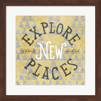 Framed Mod Triangles Explore New Places Gold Print