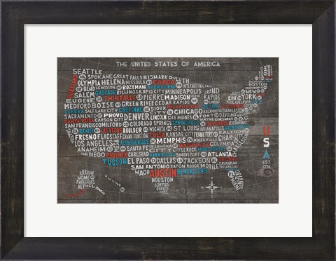 Framed US City Map on Wood Gray Print