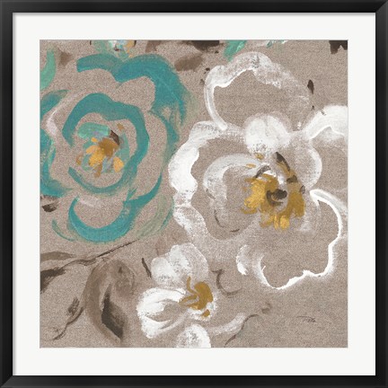 Framed Brushed Petals III Teal Print