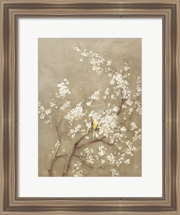 Framed White Cherry Blossom I Neutral Crop Bird Print