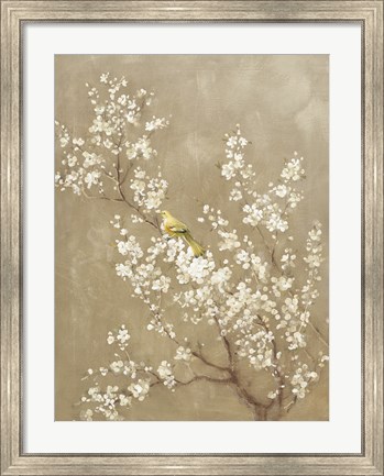 Framed White Cherry Blossom II Neutral Crop Bird Print