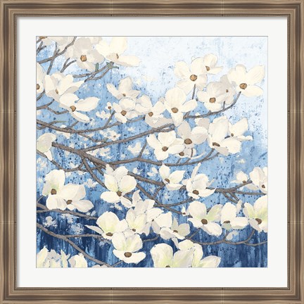 Framed Dogwood Blossoms II Indigo Print