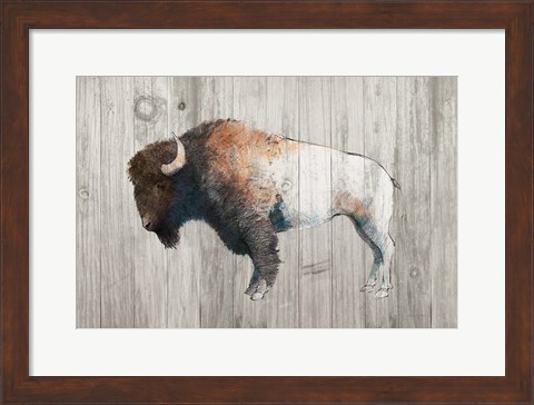 Framed Colorful Bison Dark Brown on Wood Print