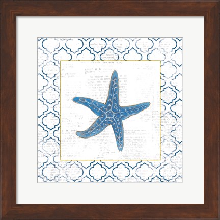 Framed Navy Starfish on Newsprint with Gold Print