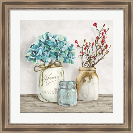 Framed Floral Composition with Mason Jars I Print